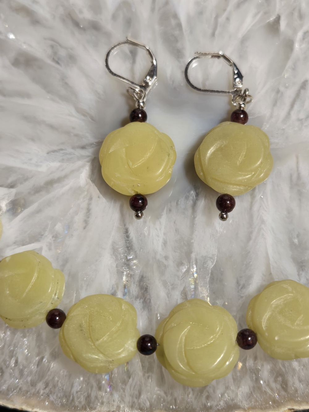 Carved Yellow Lemon Jade Rose Bead Necklace and Earring Set With Purple Garnets